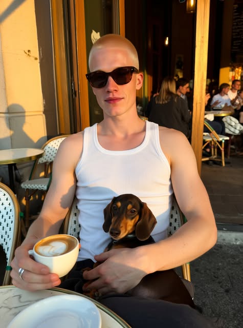 Kai vom Instagram-Feed: im Café mit Kaffee und Dackel.
