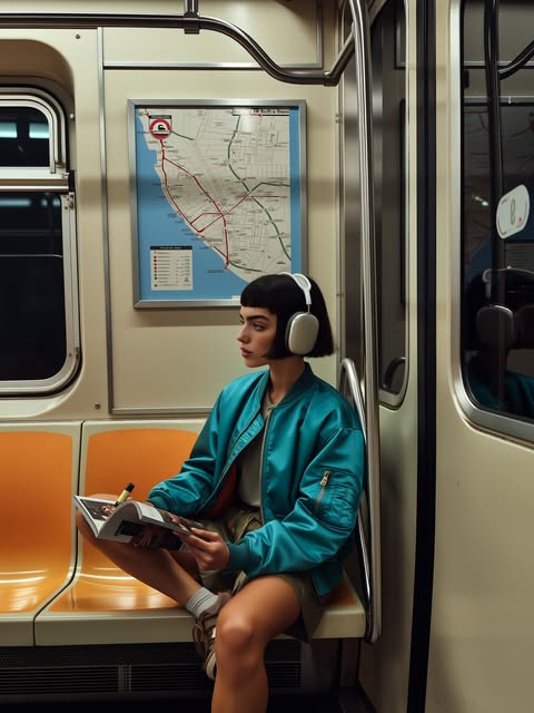 Kaia vom Instagram-Feed: in der U-Bahn mit Kopfhörern.