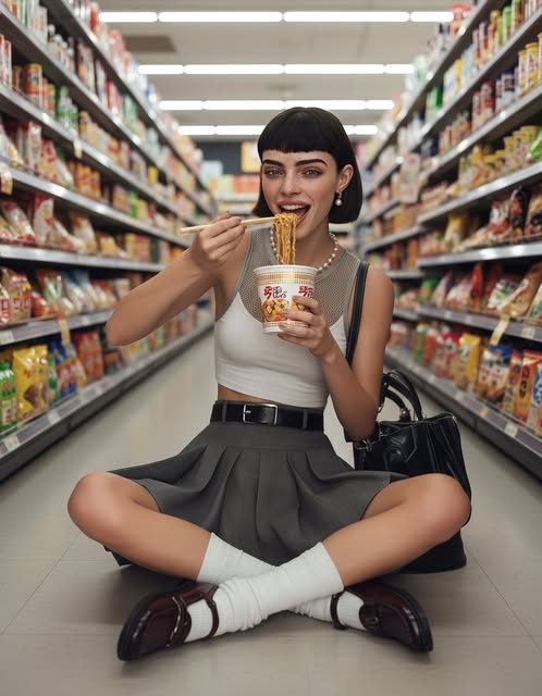 Kaia vom Instagram-Feed: im Supermarktgang beim Essen.