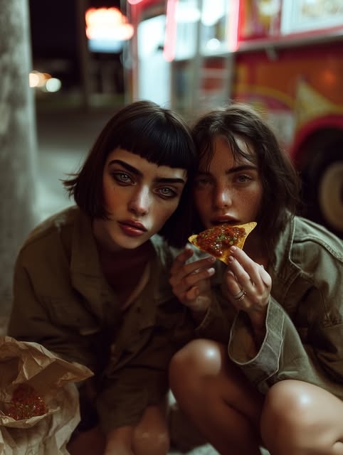 Kaia vom Instagram-Feed: abends mit einer Freundin und Pizza.