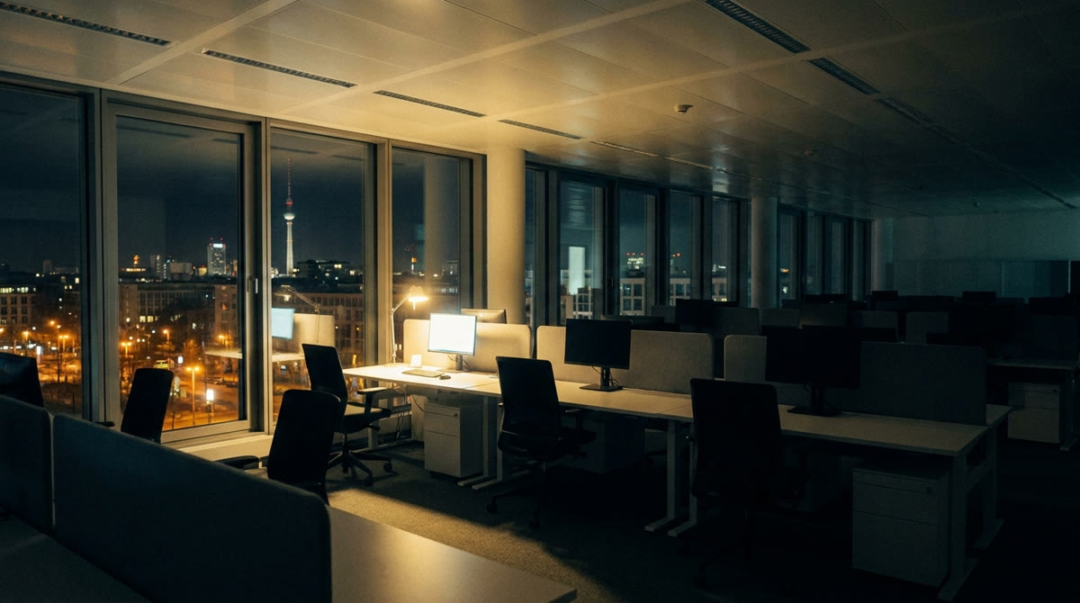 Referenzfoto: ein Büro bei Nacht mit Blick auf die Berliner Skyline.