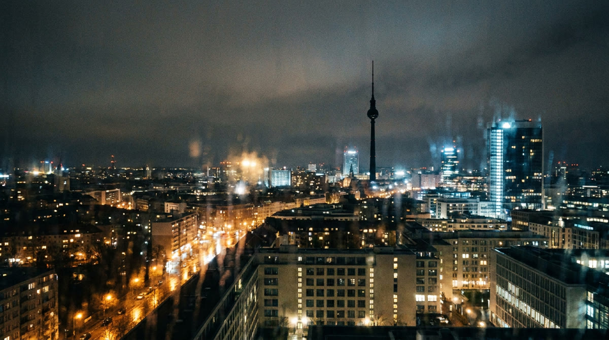 Referenzfoto: die Berliner Skyline bei Nacht durch ein regennasses Fenster.